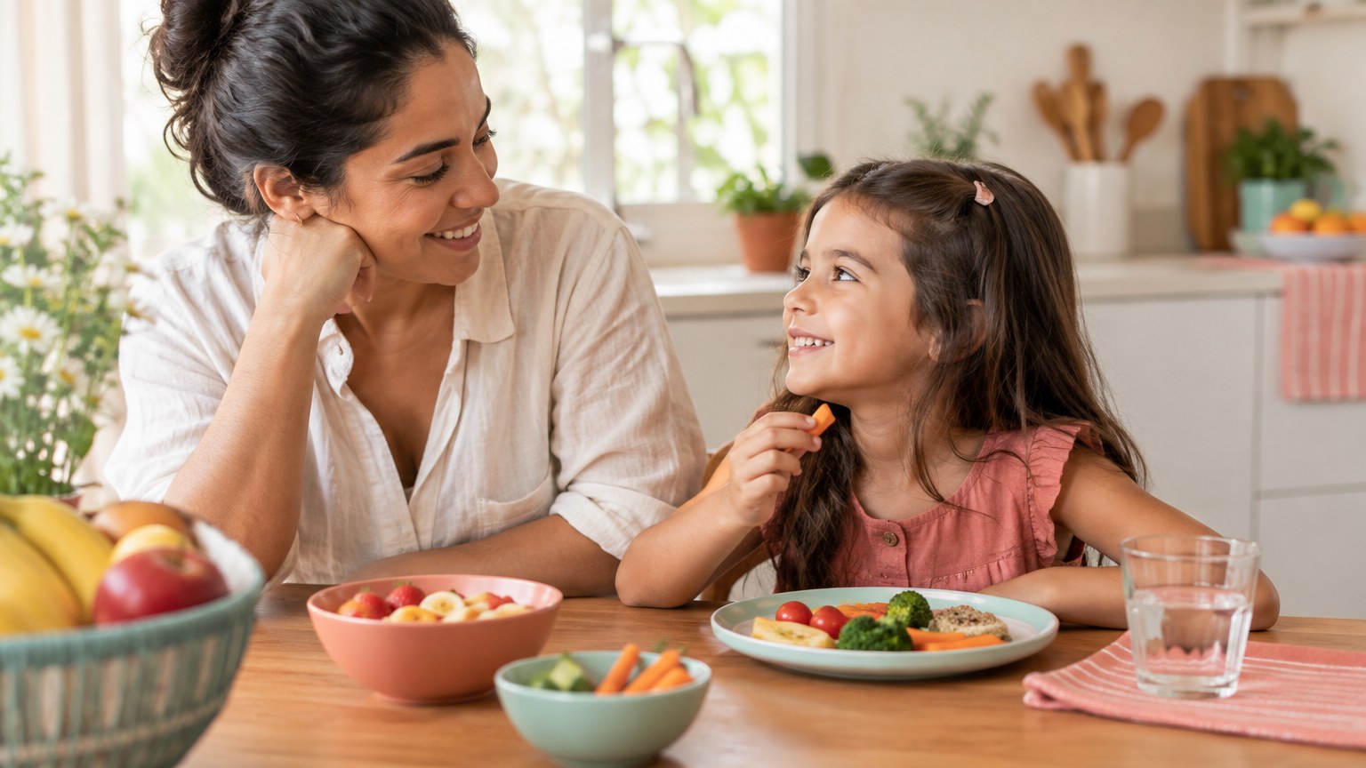 Mãe e filha compartilhando uma refeição colorida em família