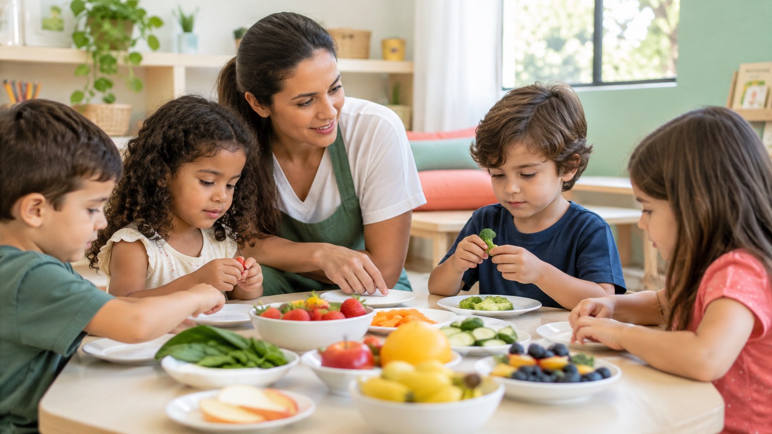Educadora conduzindo uma atividade de educação alimentar com crianças