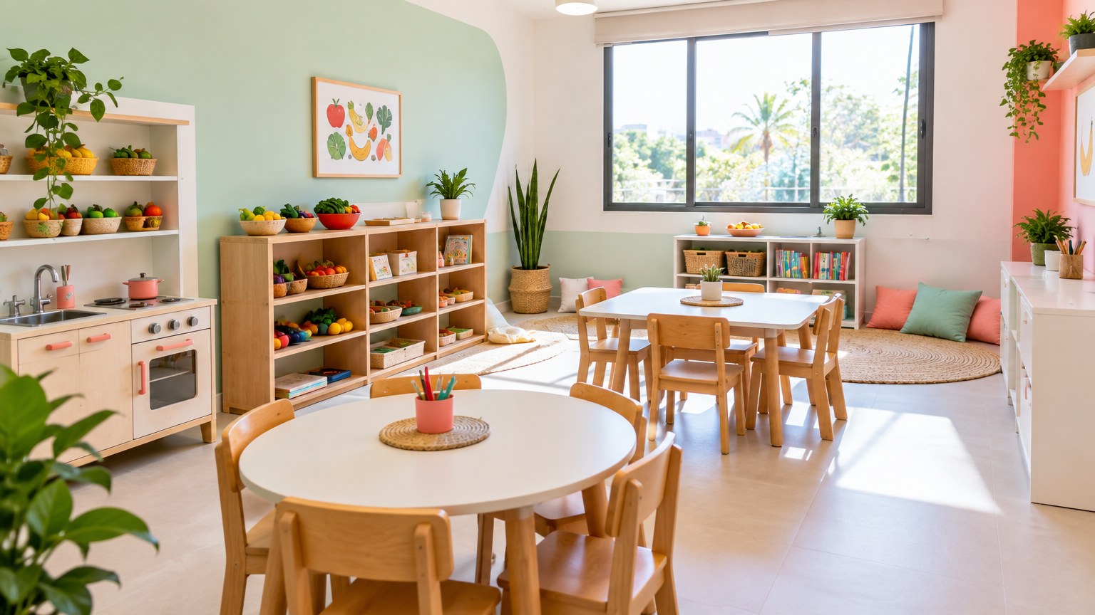 Ambiente acolhedor preparado para atividades de educação alimentar infantil